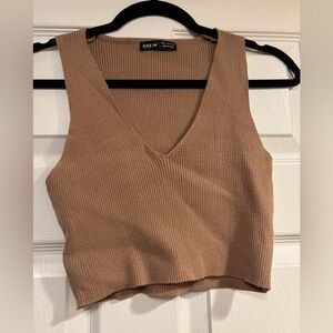 SHEIN Women's Tan Ribbed V-Neck Top